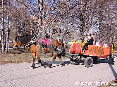 Russia, Novosibirsk, March 2, 2014: a horse carries a walking cart with children in the Park rides visitors in the carriage rental Editorial Stock Photo