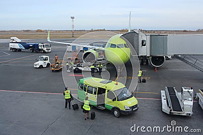 Pre-flight preparation of the Boeing passenger plane for the flight maintenance at Editorial Stock Photo