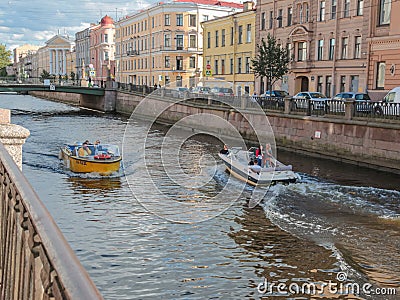 Russia, old St. Petersburg. People in the city, a bright summer day, rivers and canals, boats, old town, sights, city landscape Editorial Stock Photo