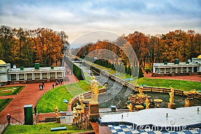 Russia, Peterhof - November 3, 2023: Turned off fountains with golden statues in the Lower Park in autumn Editorial Stock Photo