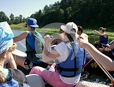 Russia: River rafting in inflatable rafts Editorial Stock Photo