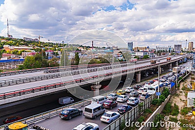 Russia, Rostov on Don, September 26, 2018: City road surface floor with viaduct bridge. Editorial Stock Photo