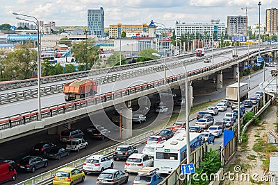 Russia, Rostov on Don, September 26, 2018: City road surface floor with viaduct bridge. Editorial Stock Photo