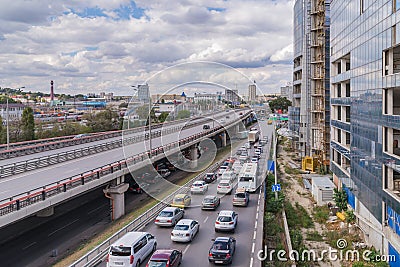 Russia, Rostov on Don, September 26, 2018: City road surface floor with viaduct bridge. Editorial Stock Photo