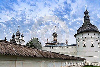 Russia, Rostov, July 2020. The walls of the city Kremlin and the domes of ancient churches. Editorial Stock Photo