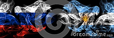 Russia, Russian, Argentina, Argentinian smoky mystical flags placed side by side. Thick colored silky smokes flag concept Stock Photo