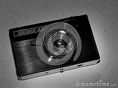 Russia. Samara. April 30, 2017. Old film camera firm Viliya auto on a retro image Editorial Stock Photo