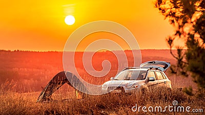 A parking lot at the top of the hill with a view of the steppe valley on a spring day Editorial Stock Photo