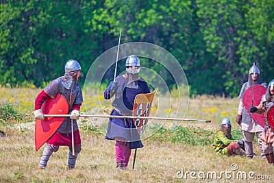 Group battles of the system on the system, meetings of fighters. Military history festival `Military case Editorial Stock Photo