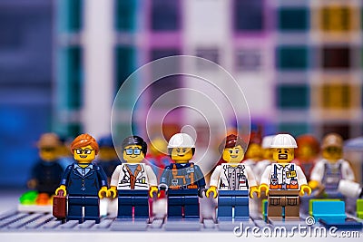 RUSSIA, SAMARA, DECEMBER 18, 2019. Constructor Lego City large team of builders - miners Editorial Stock Photo