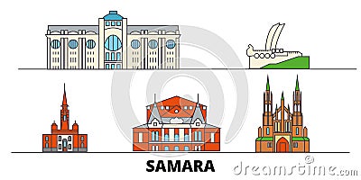 Russia, Samara flat landmarks vector illustration. Russia, Samara line city with famous travel sights, skyline, design. Vector Illustration