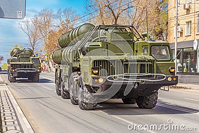 Samara, May 2018: Anti-aircraft missile system SAM S-300 parked up on the city street Editorial Stock Photo