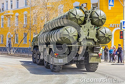 Samara, May 2018: Anti-aircraft missile system SAM S-300 parked up on the city street Editorial Stock Photo