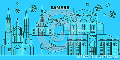 Russia, Samara winter holidays skyline. Merry Christmas, Happy New Year decorated banner with Santa Claus.Russia, Samara Vector Illustration