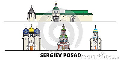 Russia, Sergiev Posad flat landmarks vector illustration. Russia, Sergiev Posad line city with famous travel sights Vector Illustration