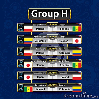 Russia soccer tournament calendar. Group H with the flag of each country. Schedule table with date, time , city location Vector Illustration