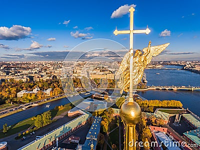 Russia, St. Petersburg, Aerial landscape of Peter and Paul cathedral at sunset, walls of fortress, Golden autumn Stock Photo