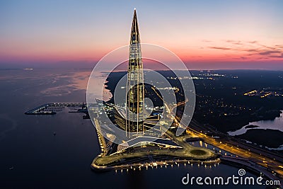 Russia, St. Petersburg, 16 August 2022: Aerial view of futuristic landscape of the highest skyscraper in Europe Lakhta Editorial Stock Photo