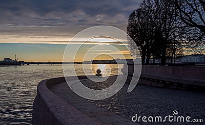 Russia, St. Petersburg, dawn over the Neva River in summer. View of the Arrow of Vasilievsky Island, elements of architecture. Sig Stock Photo