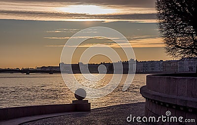 Russia, St. Petersburg, dawn over the Neva River in summer. View of the Arrow of Vasilievsky Island, elements of architecture. Sig Stock Photo