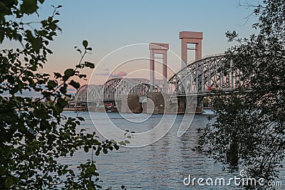 Russia, St. Petersburg, dawn over the Neva River in summer. View of an unusual bridge. A gentle dawn morning. A sensual dawn, an e Stock Photo