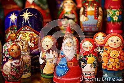 Russia, St. Petersburg - December 10, 2023: Christmas figures of Santa Claus and nesting dolls Editorial Stock Photo