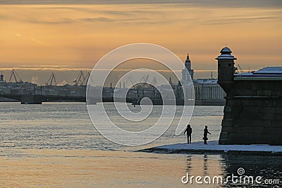 Russia, St. Petersburg, early morning on the Neva River, gentle golden sunrise, early winter. Peter and Paul Fortress, water, ship Editorial Stock Photo