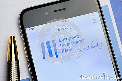 Russia, st.petersburg, 14 February 2021 logo European Investment Bank on the website screen through a magnifier. Close up Editorial Stock Photo