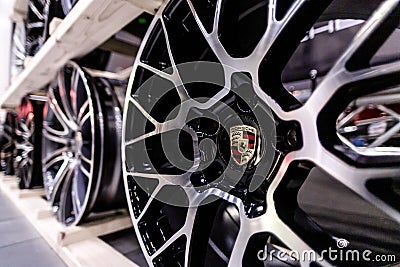 Russia, St.Petersburg - july 27, 2019: steel sports Porsche wheels for car wheels Editorial Stock Photo