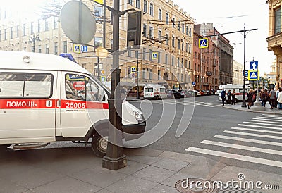 Russia, St. Petersburg, 17.08.2018, Malaya Morskaya street near the Admiralty, three ambulances at the crossroads, old houses, Editorial Stock Photo