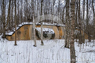 Russia. St. Petersburg, March 14, 2021. Abandoned storage facilities on the site of the former military arsenal in Kronstadt Editorial Stock Photo