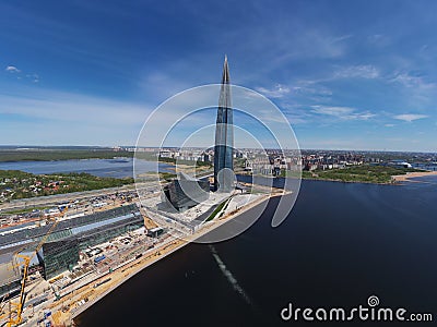 Russia, St.Petersburg, 26 May 2020: Aerial panoramic image of skyscraper Lakhta center at day time, It is the highest Editorial Stock Photo