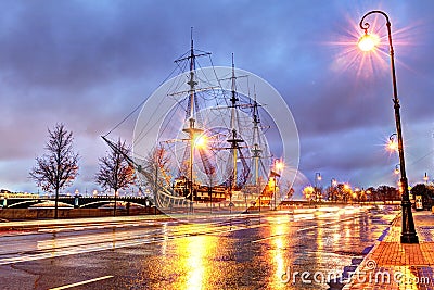 Russia, St. Petersburg, October 29, 2017: Frigate `Grace` at dusk Editorial Stock Photo