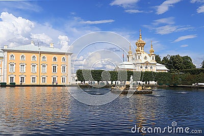 Russia, St. Petersburg, Peterhof, July 8, 2019. On the photo is the main court church in the Upper Park of the State Museum Editorial Stock Photo