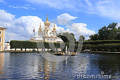 Russia, St. Petersburg, Peterhof, July 8, 2019. On the photo is the main court church in the Upper Park of the State Museum Editorial Stock Photo