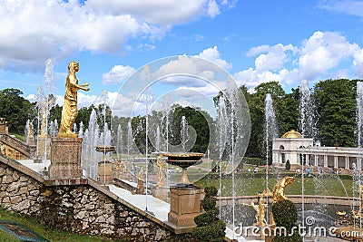 Russia, St. Petersburg, Peterhof, July 9, 2020. In the photo there is a fountain of the Grand Cascade in the Upper Park of the Editorial Stock Photo