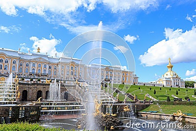 Russia, St. Petersburg, Peterhof, July 9, 2020. In the photo there is a fountain of the Grand Cascade in the Upper Park of the Editorial Stock Photo