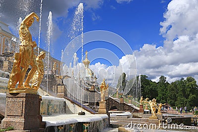 Russia, St. Petersburg, Peterhof, July 9, 2020. In the photo there is a fountain of the Grand Cascade in the Upper Park of the Editorial Stock Photo