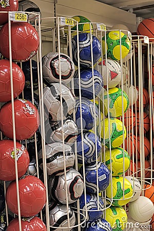 Sports balls for sale in a supermarket Editorial Stock Photo