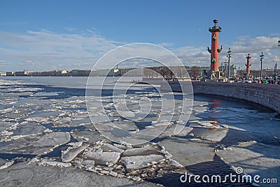 Russia, St. Petersburg, spring, ice drift on the river. Expressive architecture, historical buildings, the arrow of Vasilievsky Is Stock Photo