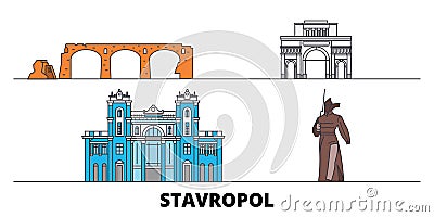 Russia, Stavropol flat landmarks vector illustration. Russia, Stavropol line city with famous travel sights, skyline Vector Illustration