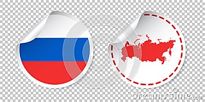 Russia sticker with flag and map. Russian Federation label, round tag with country. Vector illustration on isolated background. Vector Illustration