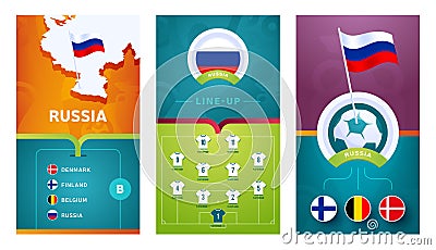 Russia team European 2020 football vertical banner set for social media. Russia group B banner with isometric map, pin flag, match Vector Illustration