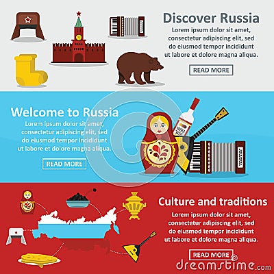 Russia travel banner horizontal set, flat style Vector Illustration