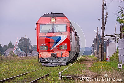 Russia, Tver region, Rantsevo station. The train is approaching the station. Editorial Stock Photo