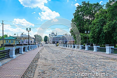 Russia, Uglich, July 2020. A cobblestone bridge leading to the city Kremlin. Editorial Stock Photo
