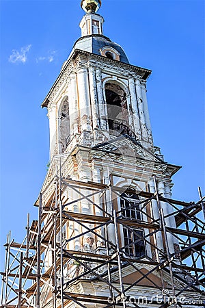 Russia, Uglich, July 2020. Repair of the bell tower of the old church. Stock Photo