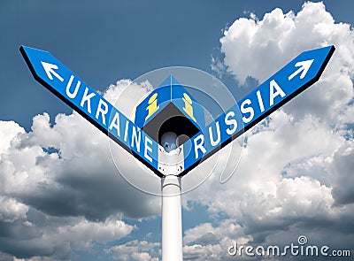 Russia-Ukraine road sign Stock Photo