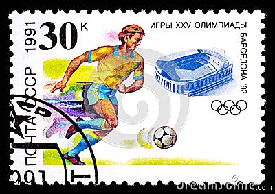 RUSSIA, USSR - CIRCA 1991: A postage stamp from USSR showing Football at XXV Sport Olympics Games Barcelona 1992 Editorial Stock Photo