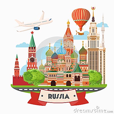 Russia vector banner. Russian poster with airplane. Travel concept. Vector Illustration